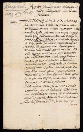Todesanzeige des Chirurgen Christoph Krespach, Stadtrat zu Tübingen, 1612.