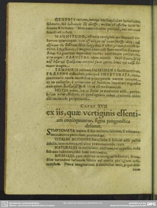 Caput XVII. ex iis, quae vertiginis effentiam consequuntur, signa prognostica desumit