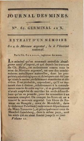 Journal des mines : ou recueil de mémoires sur l'exploitation des mines et sur les sciences et les arts qui s'y rapportent. 12. 1801/02, Nr. 67 - 69 (An X, Semestre 2, 1. Hälfte)