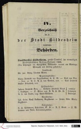 IV. Verzeichniß der in der Stadt Hildesheim befindlichen Behörden.