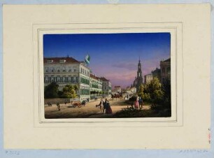 Das Hotel Bellevue (bis 1853 Calberlasche Zuckersiederei) in Dresden vom Packhof nach Osten, rechts Katholische Hofkirche und erste Semperoper (Hoftheater)