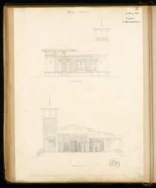 Maleratelier Monatskonkurrenz März 1874: Aufriss Vorderansicht (Westen), Längsschnitt; Maßstabsleiste