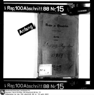 Viehschatzregister (ohne Viehbestand) der Ämter Vörden, Hunteburg (ab Bl. 27), Grönenberg (ab Bl. 36), Iburg (ab Bl. 57), Wittlage (ab Bl. 97); Wiedenbrück [Reckenberg] (ab Bl. 110); Fürstenau (ab Bl. 122)