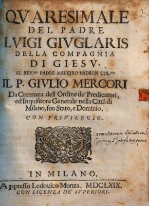 Qvaresimale Del Padre Lvigi Givglaris Della Compagnia di Giesv