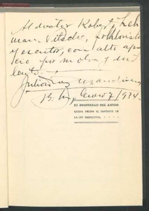 [Dedicatoria escrita a mano del autor a Robert Lehmann-Nitsche]