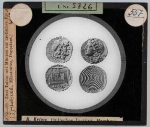Münzen zur kretischen Frage: Labyrinth, Minotaurus, Doppelaxt (Krüss-Nr. 3989-90
