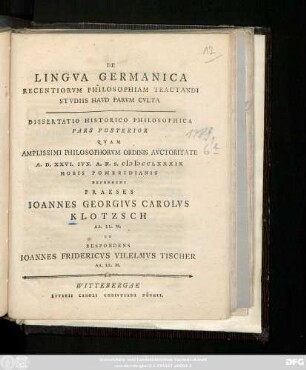 P. 2: De Lingva Germanica Recentiorvm Philosophiam Tractandi Stvdiis Havd Parvm Cvlta : Dissertatio Historico Philosophica ...