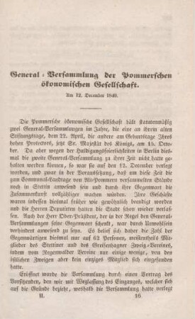 General-Versammlung der Pommerschen ökonomischen Gesellschaft. Am 12. December 1840.