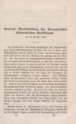 General-Versammlung der Pommerschen ökonomischen Gesellschaft. Am 12. December 1840.