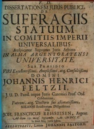 Dissertationem Juris Publici, De Suffragiis Statuum In Comitiis Imperii Universalibus
