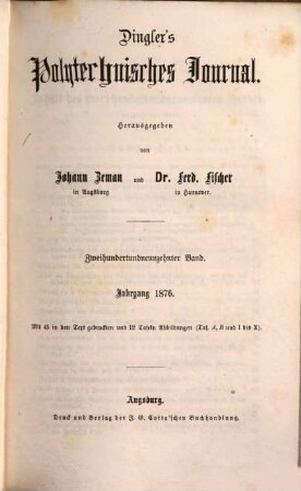 Dingler's polytechnisches Journal. 219, 219. 1876