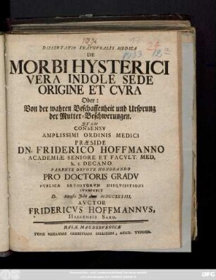 Dissertatio Inavgvralis Medica De Morbi Hysterici Vera Indole Sede Origine Et Cvra Oder: