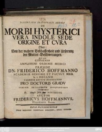 Dissertatio Inavgvralis Medica De Morbi Hysterici Vera Indole Sede Origine Et Cvra Oder: