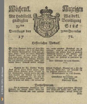 39tes Stück, Dienstags den 31ten December 1771