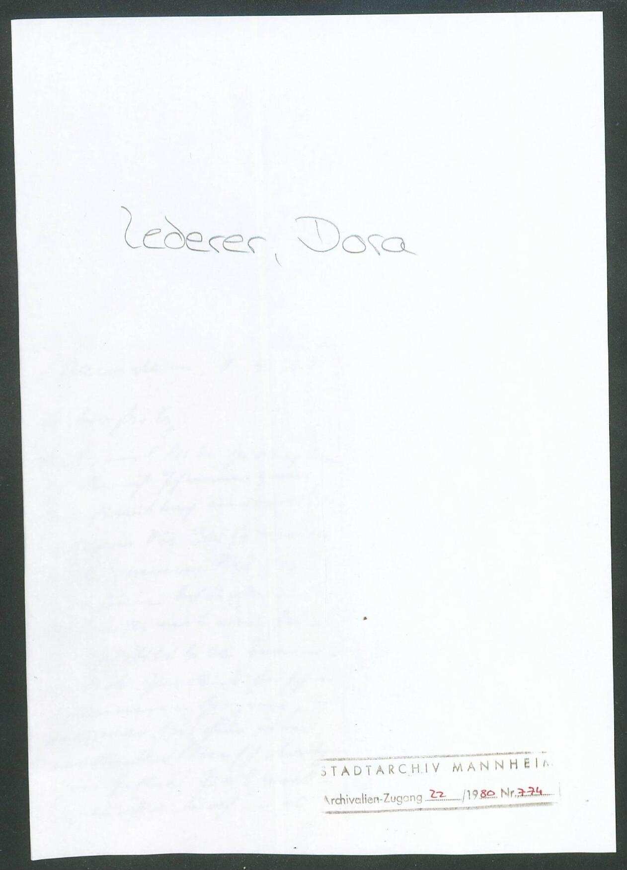 Lederer, Dora, Mannheim, an Wichert | Digitalisierung: MARCHIVUM Mannheim