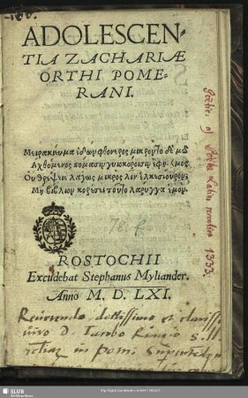 Adolescentia Zachariae Orthi Pomerani