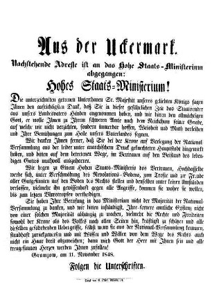 Aus der Uckermark. Nachstehende Adresse ist an das Hohe Staats-Ministerium abgegangen.