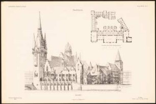 Stadthaus Schinkelwettbewerb 1898: Perspektivische Ansicht, Grundriss 1. OG (aus: Entwürfe von Mitgl. d. AVB, Neue Folge 1897/98)