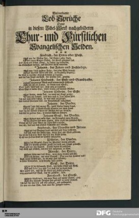 Wol-verdiente Lob-Sprüche derer in diesem Bibel-Werk nachgebildeten Chur- und Fürstlichen Evangelischen Helden