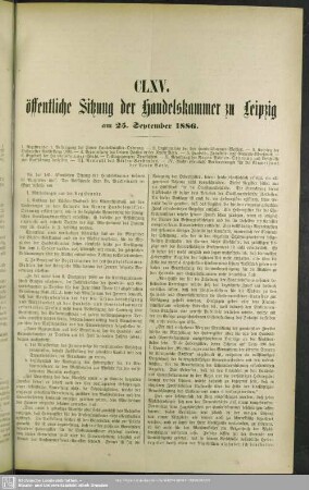 CLXV. öffentliche Sitzung der Handelskammer zu Leipzig am 25. September 1886