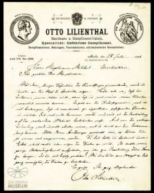 Autograph: Brief Otto Lilienthals an Hermann Moedebeck