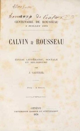 Calvin & Rousseau : étude littéraire, sociale et religieuse