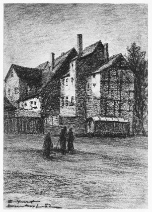 Bernkopf, Georg: Erfurt. Alte Wohnhäuser und drei Figuren. 1952. Kohlezeichnung, bezeichnet "Erfurt / Bernkopf 52."