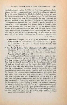 285-286 [Rezension] De matrimonio et causis matrimonialibus