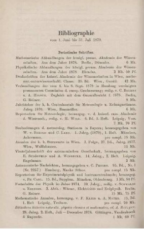 Bibliographie vom 1. Juni bis 31. Juli 1879.