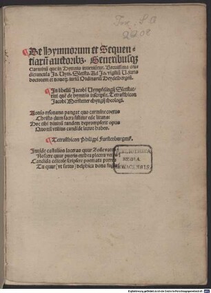 De hymnorum et sequentiarum auctoribus : mit Widmungsbrief des Autors an Johannes Vigilius, Heidelberg 1.9.1499. Mit Gedichten von Jakob Merstetter und Philipp Fürstenberg, Baptista Mantuanus und Leonardus Brunus
