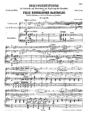 Felix Mendelssohn-Bartholdys Werke, 7,30. Nr. 30, Zwei Concertstücke für Clarinette und Bassethorn mit Begleitung des Pianoforte : Nr. 1, op. 113 in F-m[oll]. - 9 S. - Pl.-Nr. 30