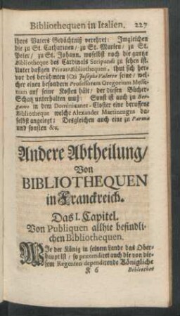 Andere Abtheilung, Von Bibliothequen in Franckreich.