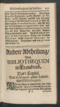 Andere Abtheilung, Von Bibliothequen in Franckreich.