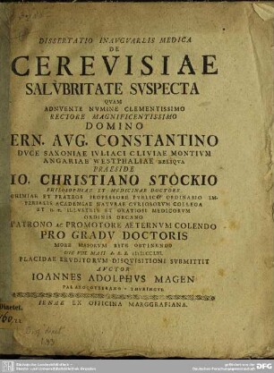 Dissertatio Inauguralis Medica De Cerevisiae Salubritate Suspecta