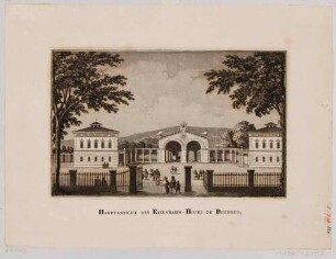 Die Kopfbauten des ersten Leipziger Bahnhofes an der Leipziger Straße in Dresden-Neustadt (1839 eingeweiht) vom Vorplatz nach Norden