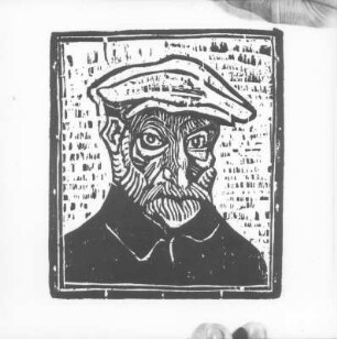 Bärtiger alter Mann mit Schirmmütze : Vorkursarbeiten. Bärtiger alter Mann mit Schirmmütze. Linolschnitt (wohl um 1970)