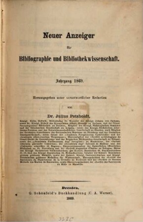 Neuer Anzeiger für Bibliographie und Bibliothekwissenschaft. 1869, 1869