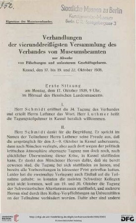 34: Verhandlungen der ... Versammlung des Verbandes von Museums-Beamten zur Abwehr von Fälschungen und Unlauterem Geschäftsgebaren