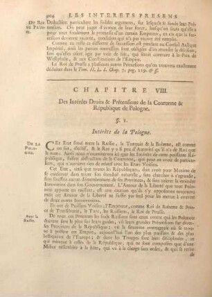 Chapitre VIII. Des Intérets Droits & Prétensions de la Couronne & République de Pologne.