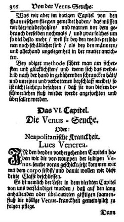 Das VI. Capitel. Die Venus-Seuche. Oder: Neapolitanische Kranckheit. Lues Venerea.