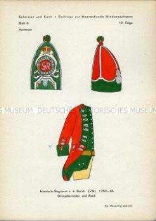 Uniformdarstellung, Detailstudie Grenadiermütze und Uniformrock des Infanterie-Regiments "von der Borch", Kurfürstentum Hannover, 1750/1766.