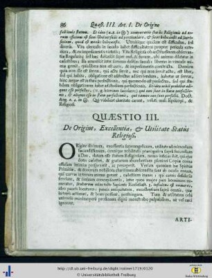 Quaestio III. De Origine, Excellentia, et Utilitate Status Religiosi.
