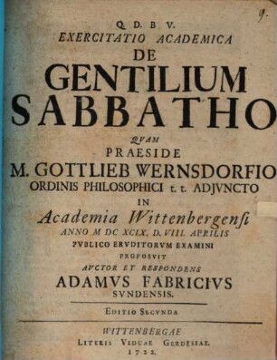 Exercitatio Academica De Gentilium Sabbatho