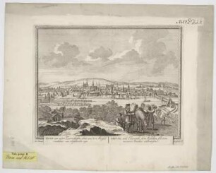 Ansicht von Trier, Radierung, um 1702 : Trier, een oude Keurvorstelyke stadt aen de Moesel, vruchtbaer van overschoonen wyn : C. P. = Treveri / Pet. Schenk. - Amsteld[ami] , [1702]. - 1 Ansicht : Radierung ; 27 x 21 cm
