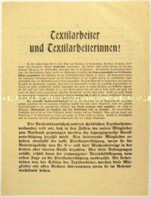 Flugblatt des christlichen Textilarbeiterverbandes gegen politische Streiks