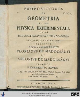 Propositiones Ex Geometria Et Ex Physica Experimentali