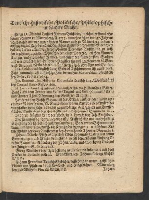 Teutsche Historische/ Politische/ Philosophische und andere Bucher.