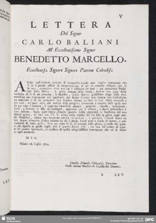 Lettera Carlo Baliani - Benedetto Marcello