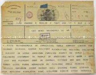 Telegramm des Auslandskorrespondenten James O'Donnell Bennett an den Journalisten Leo Winz über den Verbleib amerikanischer Soldaten während des Ersten Weltkrieges - Personenkonvolut (englisch, deutsch)