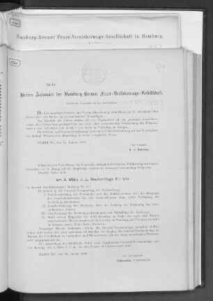 An die Herren Actionäre der Hamburg-Bremer Feuer-Versicherungs-Gesellschaft.